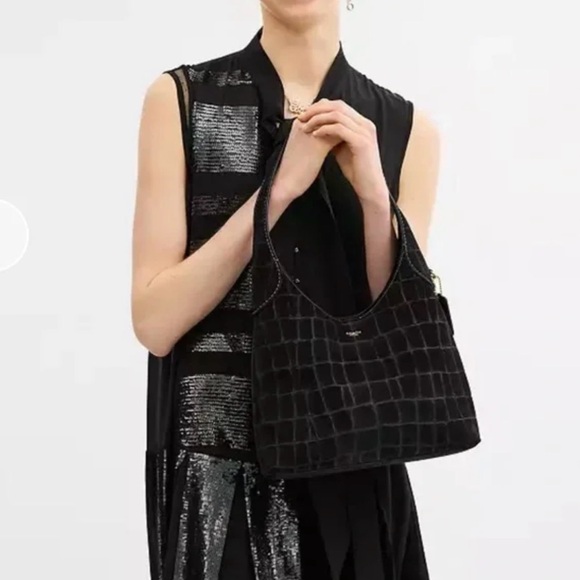 Coach Brooklyn Shoulder Bag 28 Black Suede Crocodile Embossed - Picture 4 of 4